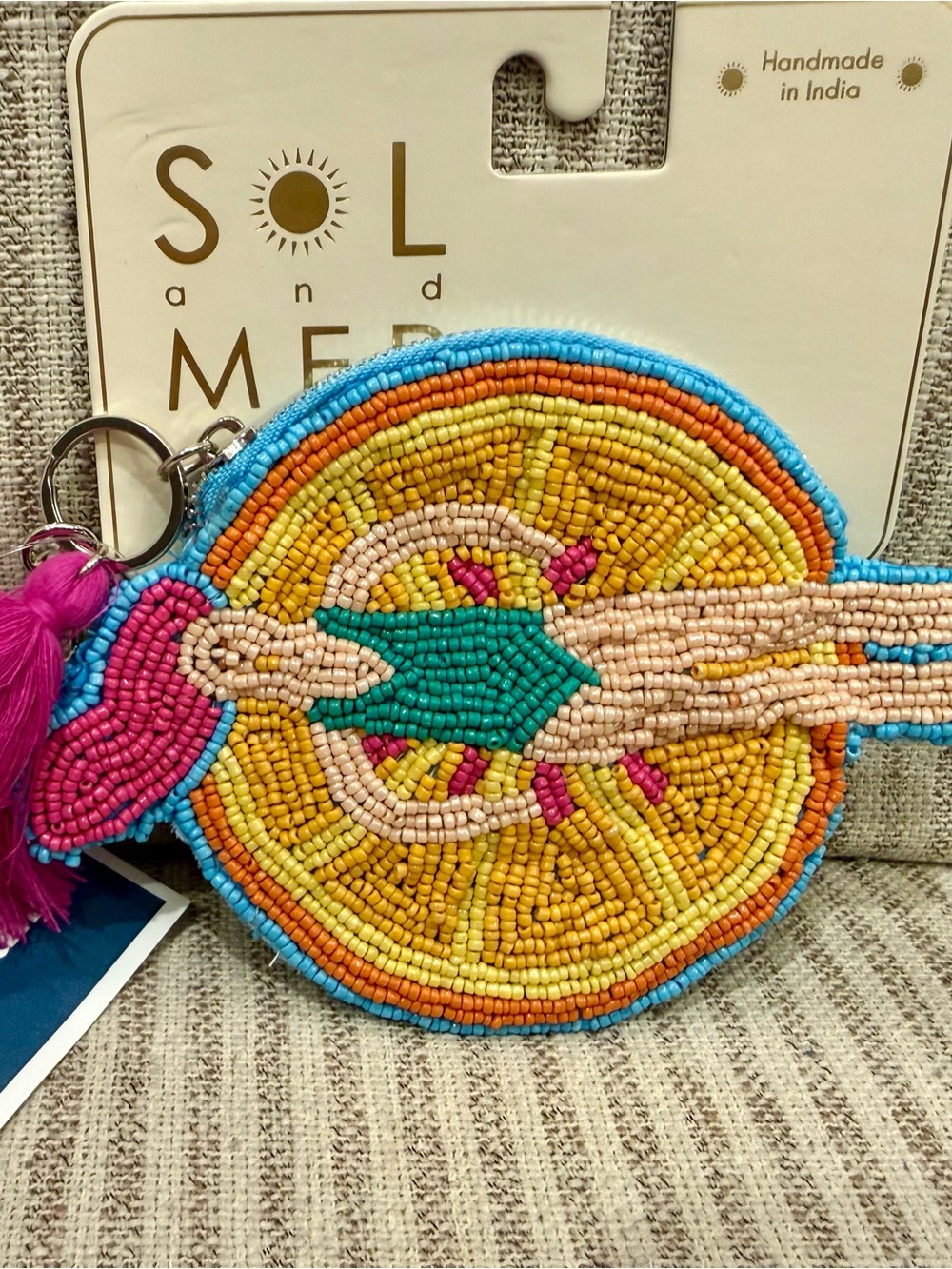 Beaded Sol & Mer Citrus Coin Key Holder with Pink Tassel floating orange swimmer